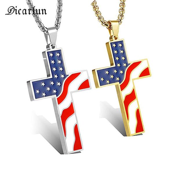 Anhänger Halsketten DICARLUN Amerikanische Flagge Halskette Edelstahl Kreuz Patriotischer Schmuck Religiöse USA Gold Schwere Kette