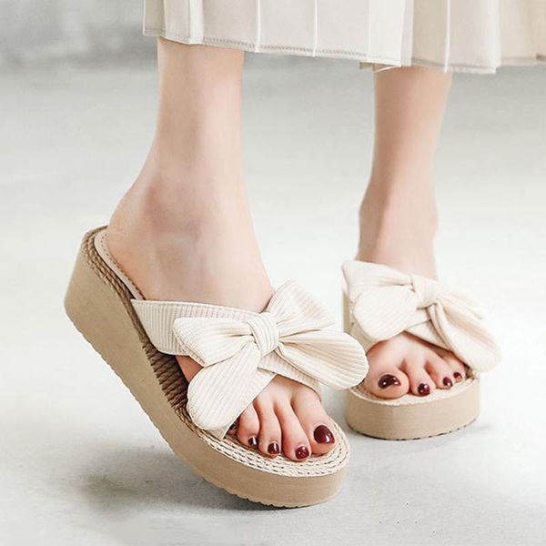 

slippers summer open toe women wedge fashion high heel bow mules slip-on beach vacation ladies sandals slides, Black