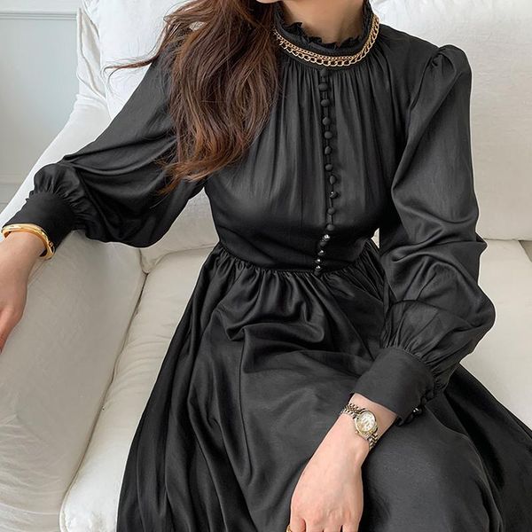 

ewq] 2021 spring female new loose casual stand collar solid color black long sleeve minimalist a-line ruffles dress 8d1127, Black;gray
