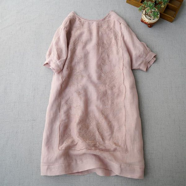 

casual dresses summer women brief loose plus size japan style mori girls embroidery comfortable water washed thin ramie pullover, Black;gray