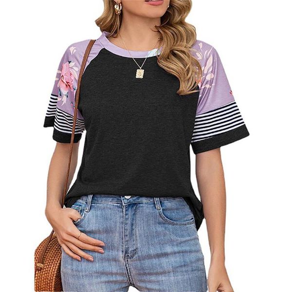 

women's t-shirt fashion women summer casual loose t-shirts color matching design o-neck half sleeve striped print pullovers top, White