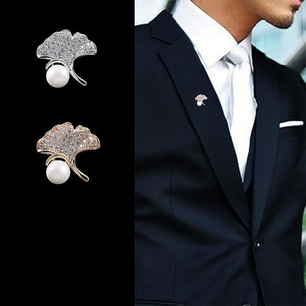 

pins, brooches gold silver ginkgo biloba leaves shiny zircon simulated pearl brooch pin plant costume jewelry for women girls suit, Gray