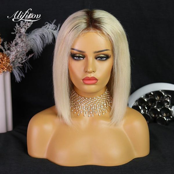 

lace wigs alifitov 613 frontal wig honey blonde human hair short bob with dark roots transparent for women, Black;brown