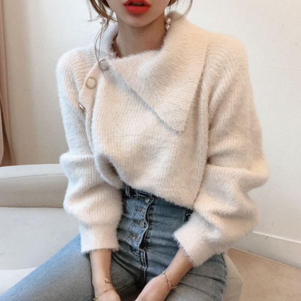 

loose soft lapel thicken streetwear 2021 vintage elegant solid long sleeve sweater outwear knitted casual new sweaters k48k, White;black