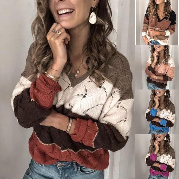 

hollow out women's sweater pacthwork plaid female autumn winter casual loose pullovers v-neck colorful ladies sweaters 200929, White;black