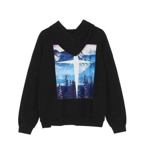 

sweatshirts landscape print hooded sweater mens street fashion brand loose long sleeve wind pullover hoodie, Black