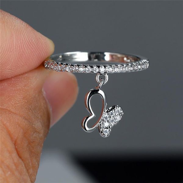 

wedding rings luxury female crystal butterfly pendant ring cute gold silver color engagement charm white zircon for women, Slivery;golden
