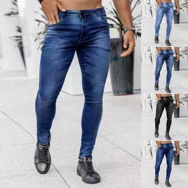 

men's jeans weirdo mens pants high waist zipper stretch casual slim trousers male plus size pencil denim skinny for men, Blue