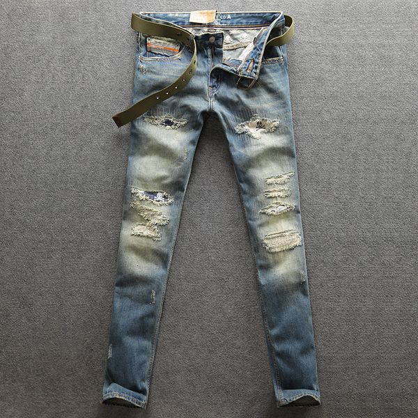 

fashion male style vintage designer torn cranium embroidered streetwear hip jeans 7u99, Blue