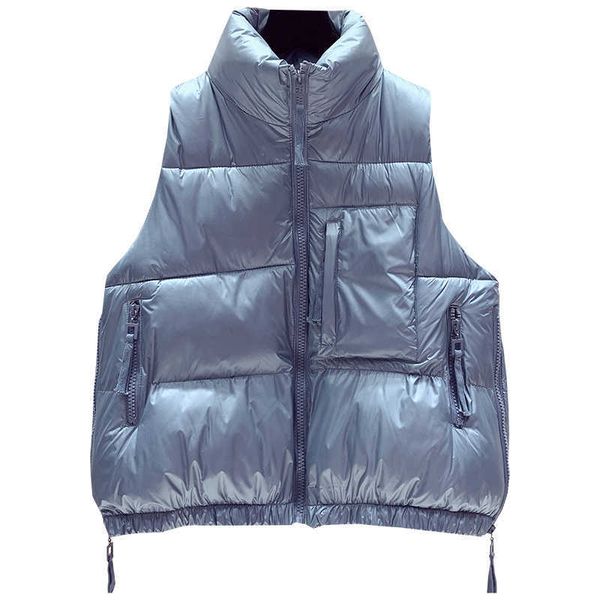 

winter cotton glossy down vest jacket female korean zipper coat loose bf sleeveless waistcoat 210531, Black;white