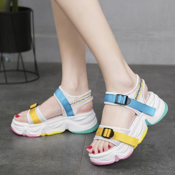 

mixed colors buckle strap platform sandals comfortable breathable sports casual shoes summer new open toes non-slip women shoes, Black