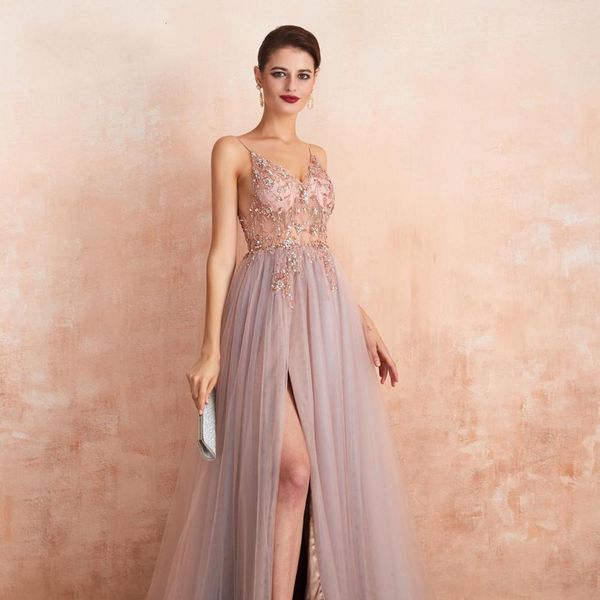 

2021 new sweet dusky pink crystal evening es long straps spaghetti see through tulle prom party gowns slit robe de soriee 79gq, Black;red