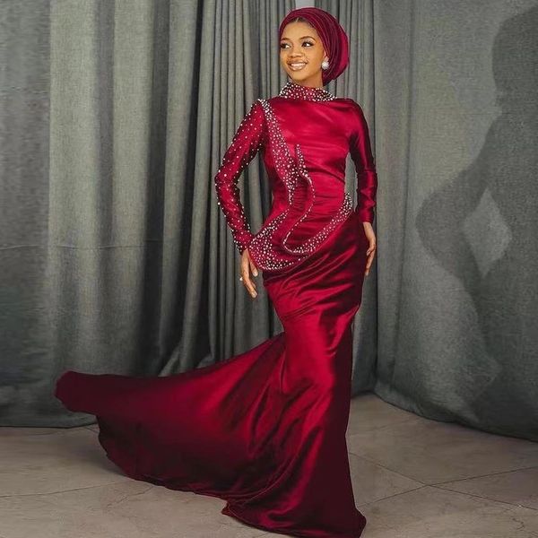 

2022 aso ebi style dark red muslim evening dresses high collar full sleeve pearls formal gown custom made pleat satin receiption wears, Black;red