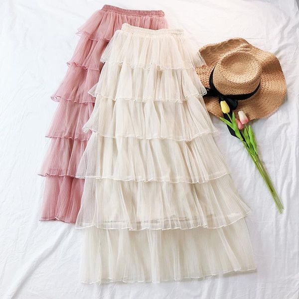 

skirts pleated satin skirt 6 layers high waist women clothing mesh party spring casual ankle-length a-line cake v152, Black