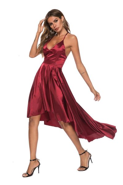 

de 2021 robe soiree new fashion v neck spaghetti straps high low cocktail backless satin prom party gowns burgundy 1trr, Black