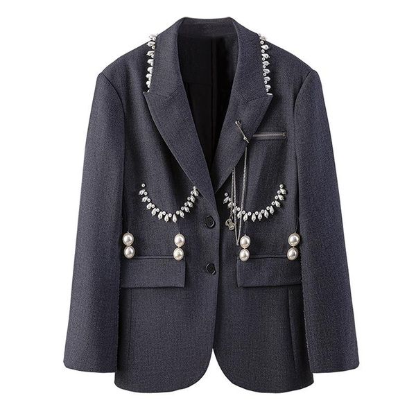 

women's suits & blazers stylish street personality pearl decoration gray medium-length slim coat long sleeve loose women suit ee31, White;black