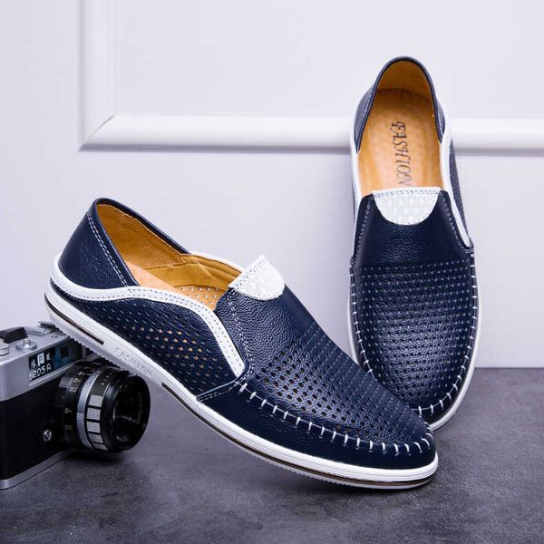 

2021 spring hollow leather sho men's breathable korean lazy british busins casual