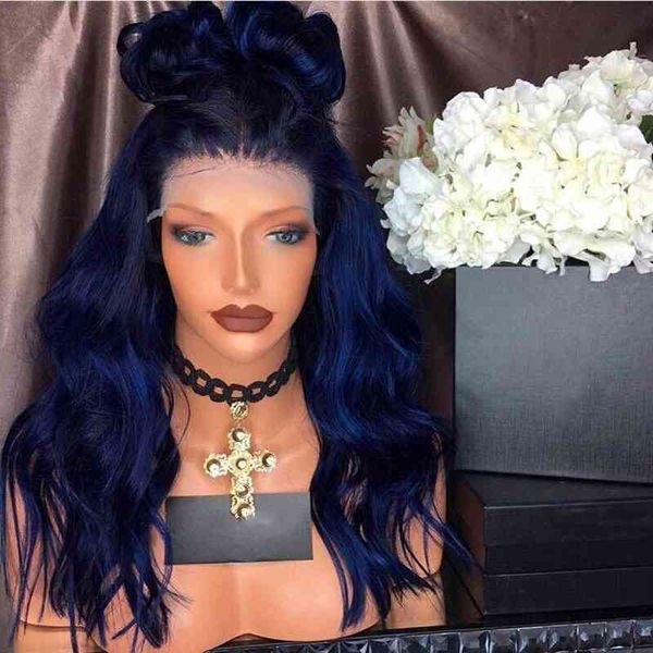 

wig fashion female gradient blue front lace headgear long curly hair, Black;brown