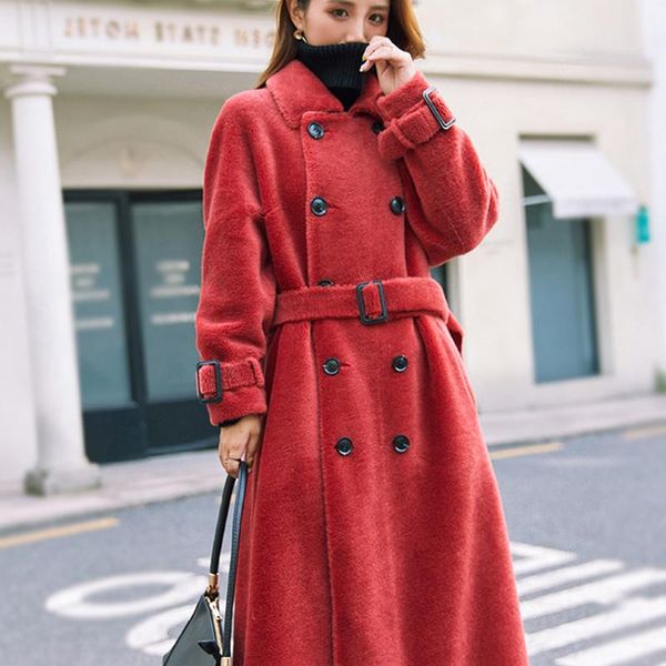 

women's wool & blends 2021 winter 100% coat thick warm fashion sheep shearing long jacket korean ladies clothes female trench manteau f, Black