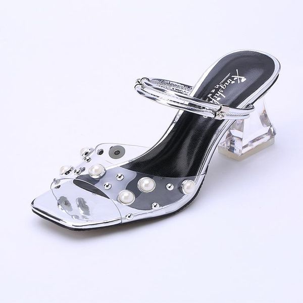 

slippers summer women slides fashion square toe transparent pvc with pearl crystal heels sandales talon femme, Black
