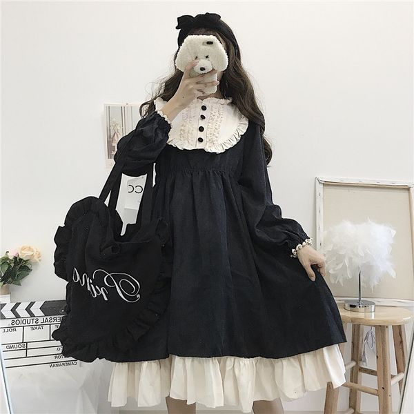 

dye-colored slimming sweet lolita kawaii japanese-style clothing fall dressed feminine-neck high waist yvwj, Black;gray