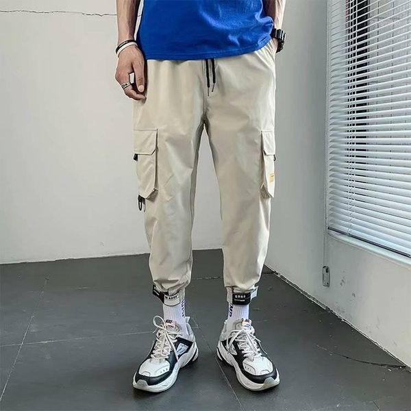 

men multi-pocket elastic waist design harem pant street punk hip hop black casual trousers joggers male kahaki cargo pants men's
