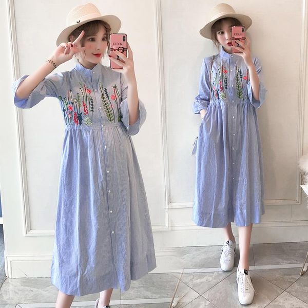 

maternity dresses 709# summer fashion embroidery striped cotton long dress casual a line loose clothes for pregnant women 4xl pregnancy, White