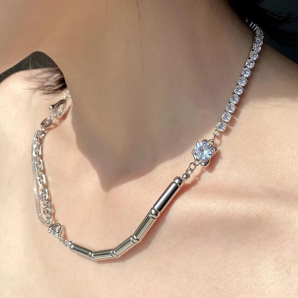 

chains ghidbk natural freshwater pearl crystal splicing clavicle necklace zircon metal choker for women girls simple travel jewelry, Silver