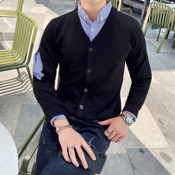 

2021 new british style winter fake-2pieces cardigan men's clothes fine fitting shirt patched collar casual mesh 3xl- sweaters r1xk, White;black