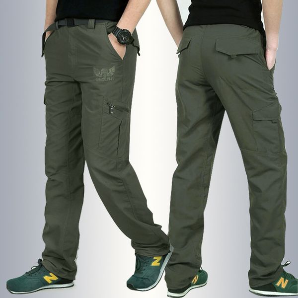 

new fashion brand men cargo dunne solid straight summer multi-bags for gentlemen homme broek male, Black