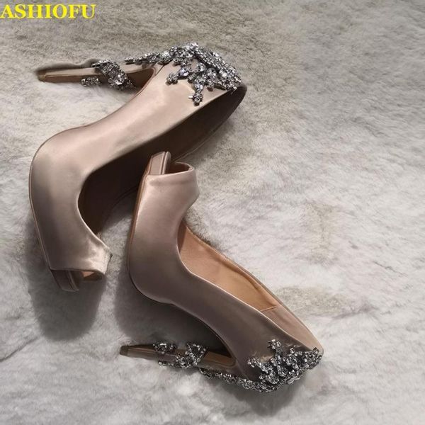 

dress shoes ashiofu handmade women high heel pumps satin-leather jewelry peep-toe slip-on evening club fashion court, Black