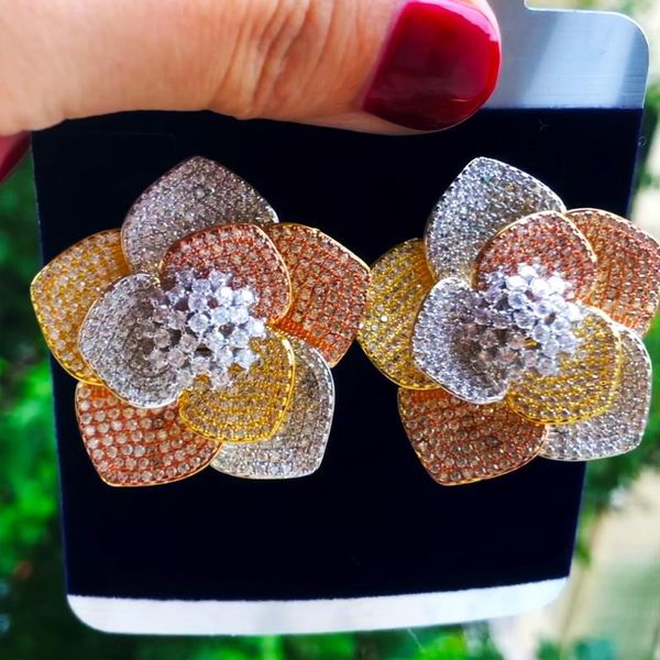 

stud godki trendy luxury 3 tone flower earrings for women wedding cubic zircon cz bridal bohemia drop, Golden;silver