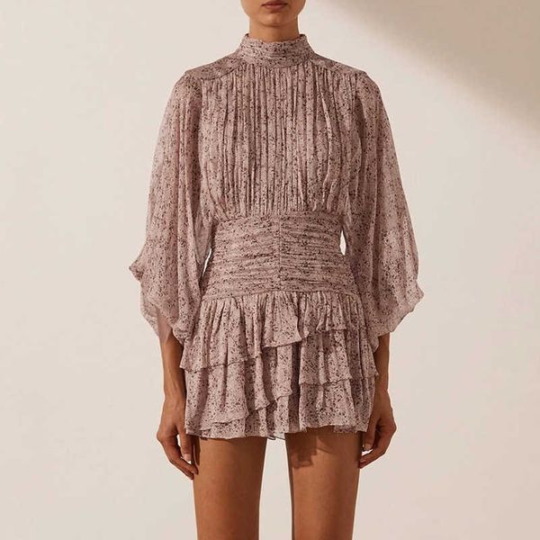 

luxury evening dress australian fashion chiffon short skirt autumn 2021 lantern sleeve pleated ruffle stitched slim, Black;gray