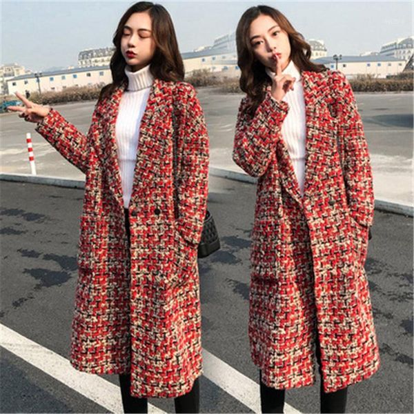 

women's wool & blends red check woolen coat mid-length 2021 autumn winter fashion products thickened long-sleeved trend h193, Black