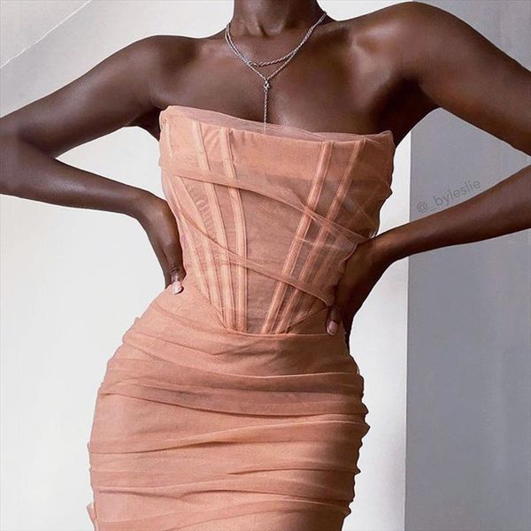 

sruby pink mesh strapless women dress bandage womans midi night club party bodycon lining in summer, Black;gray
