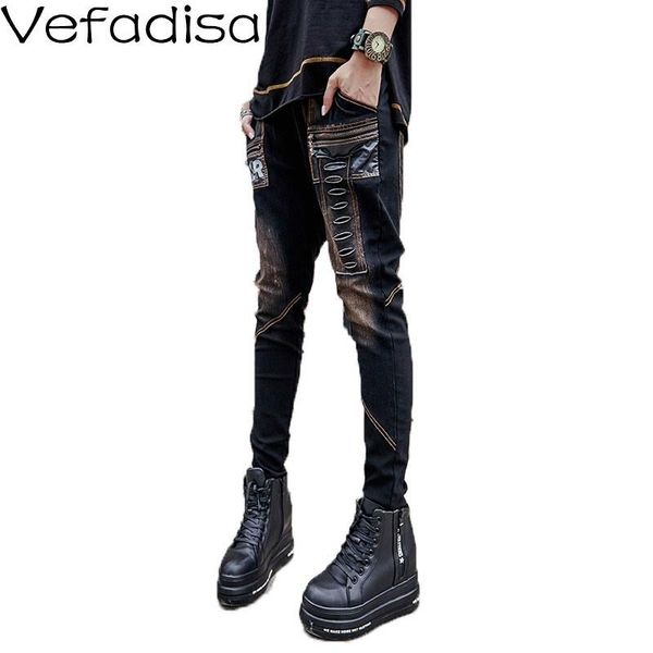

women's pants & capris vefadisa elastic waist pencil 2021 spring holes pockets zipper letter print jeans full length women black qyf190, Black;white