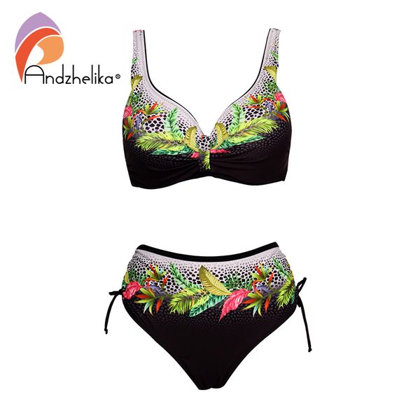 

andzhelika floral high-waisted bikini sets push up swimsuit summer two pieces swimwear women plus size bathing suits 210315, White;black