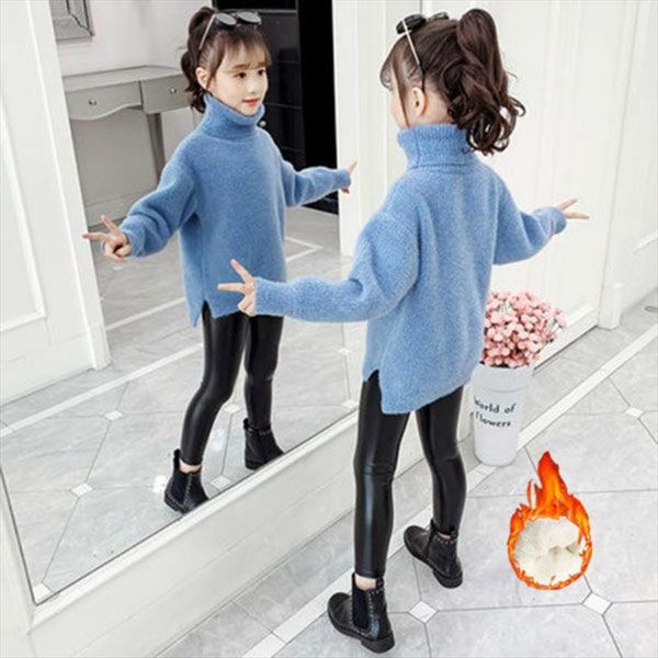 

autumn winter toddler girls solid thick knitted sweater long sleeve turtleneck casual pullovers children warm cloth x11, Blue