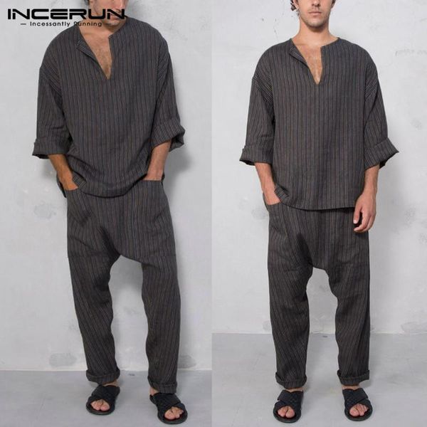 

loose cozy suits streetwear hombre suits incerun leisure striped men sets long sleeve v neck elastic pockets pants sets 7, Gray