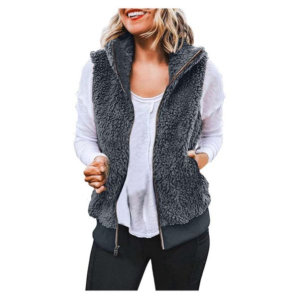 

women's vests womens sherpa fleece outwear zip up sleeveless faux-fur furry fall winter warm coat with pockets artificial wool vest, Black;white