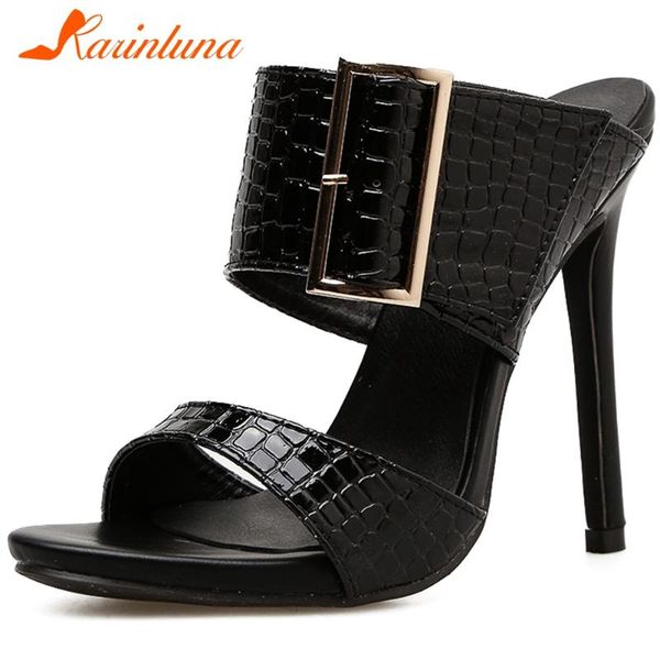

slippers karin brand female thin heel summer party sandals sqaure toe buckle high women slip on shoes woman, Black