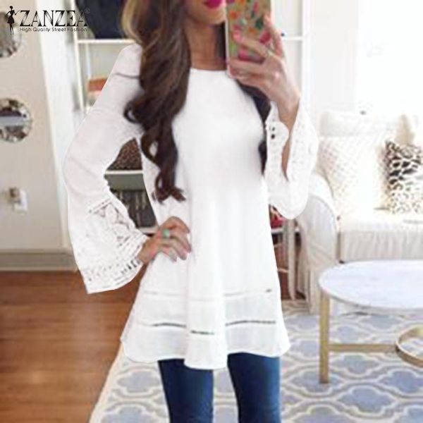 

zanzea women blouse spring female solid hollow out elegant long sleeve shirt casual loose lace crochet holiday blusas tunic, White