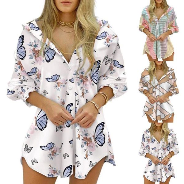 

casual dresses personalized blouse dress women v neck print long sleeves irregular single row button loose waist tight summer, Black;gray