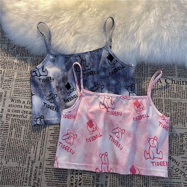 

women's tanks & camis korean girl inner short vest high street lovely bottoming women tie-dye camisole punk sports outer, White