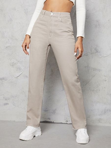 

solid raw hem straight leg pants 95m8#, Black;white