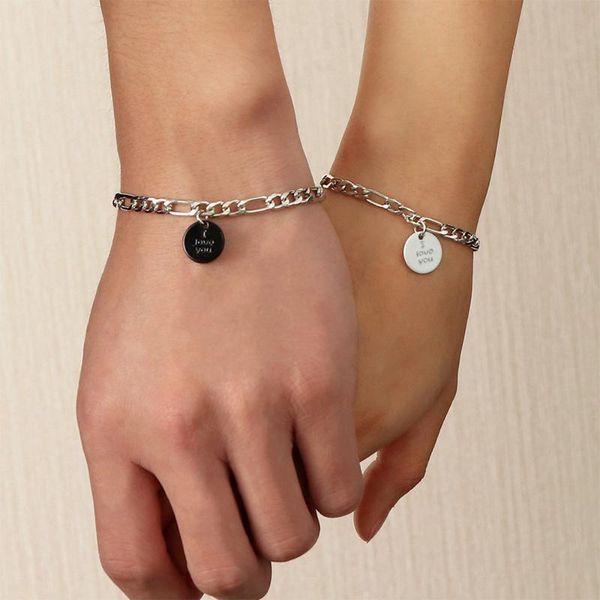 

link, chain 2pcs/set round pendant bracelet for couples cuba men's women's charm i love you letter lover jewelry gifts, Black