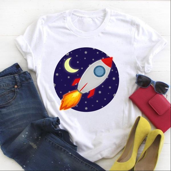 

women moon space rocket fashion printed cartoon ladies summer t tee female shirt clothes tshirt womens graphic t shirt, White