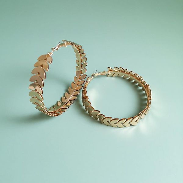 

hoop & huggie vintage gold color metal leave big circle earrings for women girl geometric round statement fashion party jewelry, Golden;silver