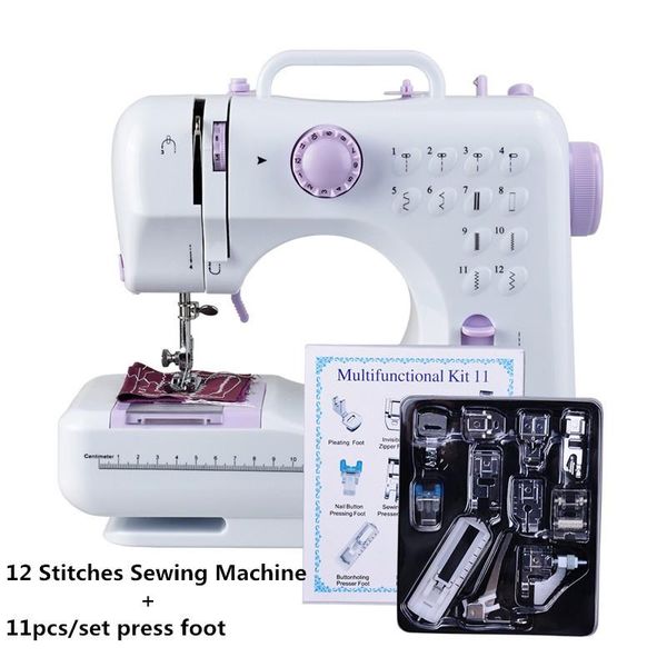 

fanghua multifunction mini sewing machine 505a 12 stitches replaceable + 11pc presser foot power supply led light sewing classes, Black