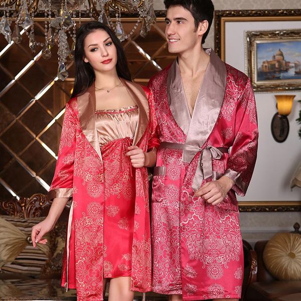 

women's sleepwear bride and groom wedding 2pcs robe sets couple print rayon kimono bathrobe nightgown men pajamas -xxl summer loose ho, Black;red